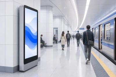 Платформа метро с digital-рекламным экраном и поездом.